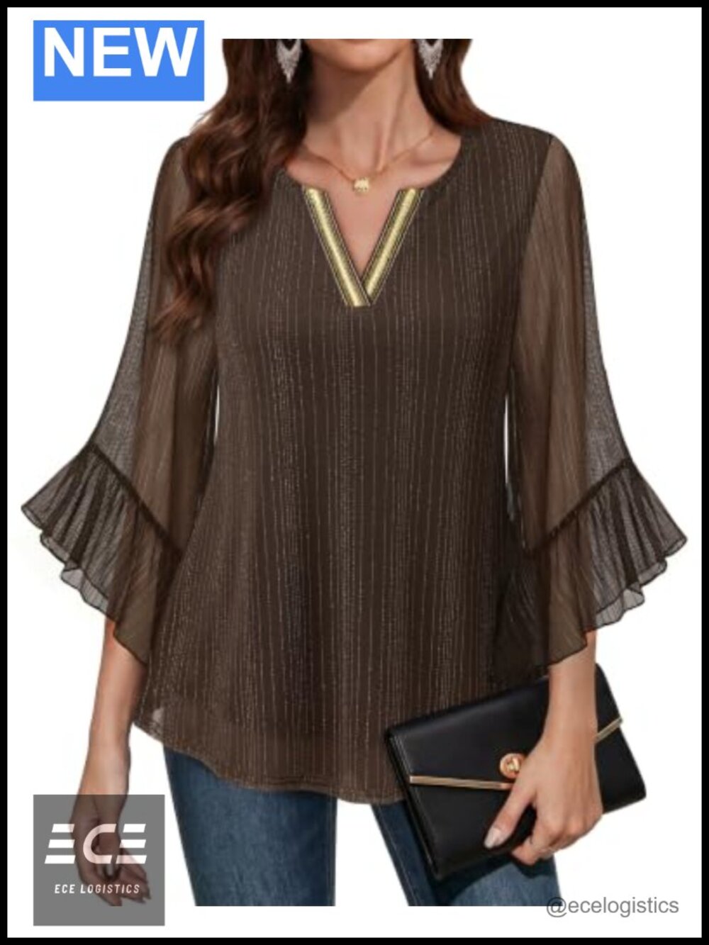 Womens 3/4 Sleeve Splicing V Neck Dressy Blouse Layered Work Top